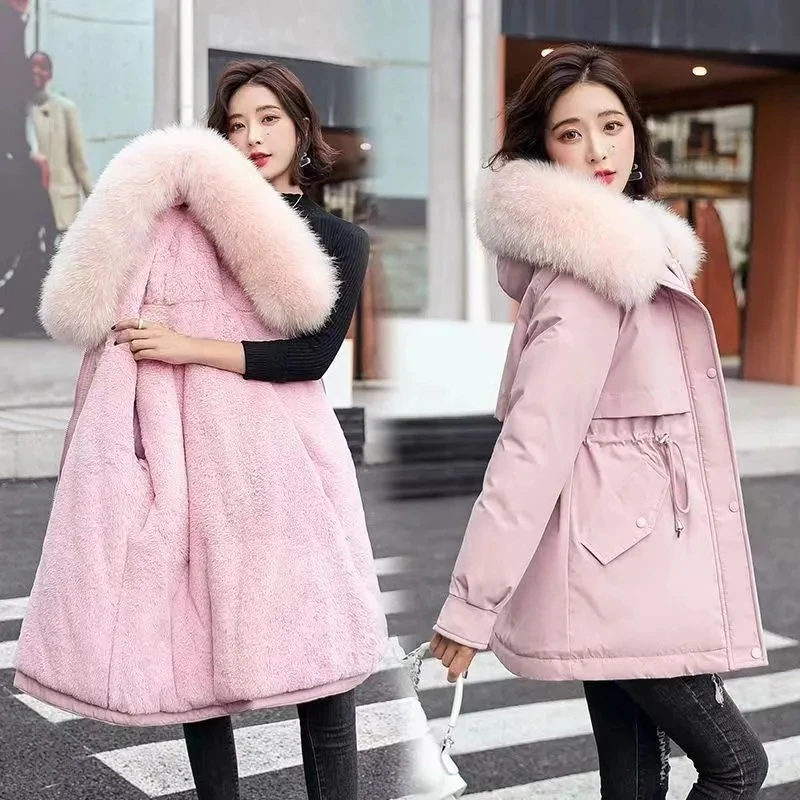 2026 Winter New Korean Edition Loose Thicken Cotton Jacket Women's Big Fur collar Hooded Coat Casual Warm Parker Overcoat WJ719