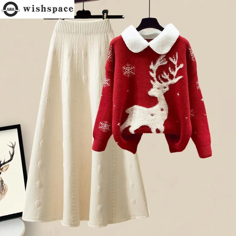 2023 Winter New Year Elk Snowflake Knitted Sweater Pullover Knitted Half Skirt Two Piece Elegant Women's Dress Set