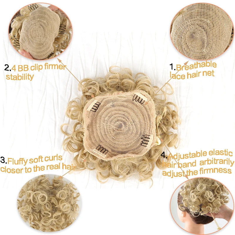 JINKAILI 合成乱雑なカーリーおだんごヘアピース弾性巾着ポニーテールエクステンションおだんごヘアグレーブラックブロンド偽おだんごヘア