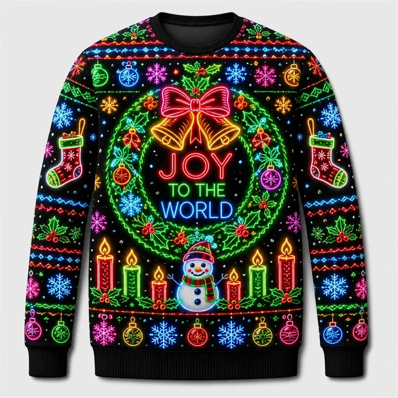 Neon Light Print Ugly Christmas Sweater Unisex Fashion Holiday Long Sleeve Reunion Party Sweatshirts Casual Oversized Pullovers
