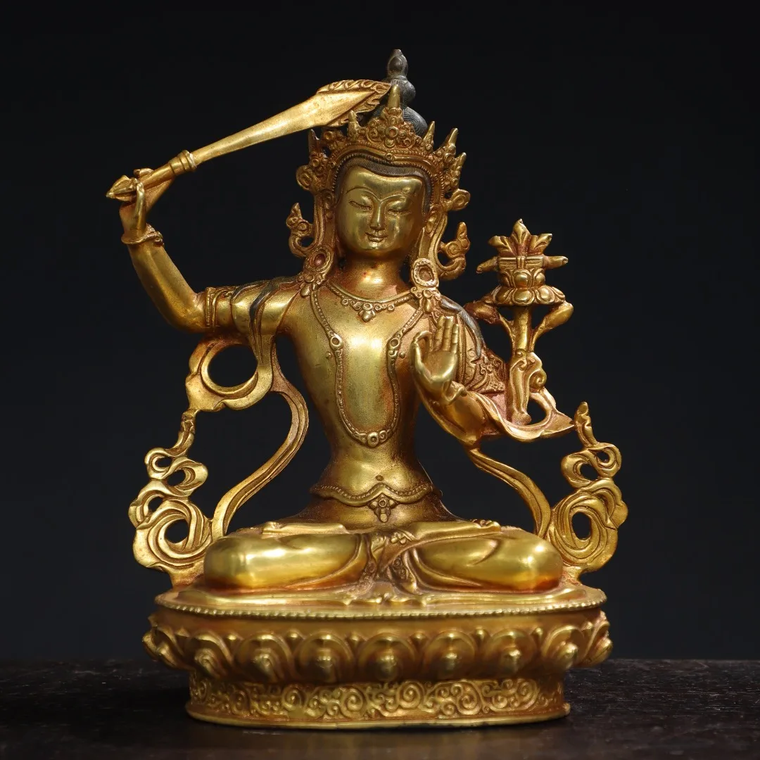 

8"Tibetan Temple Collection Old Bronze Cinnabar Gilded Manjushri Bodhisattva Sitting Buddha Worship Hall Town house