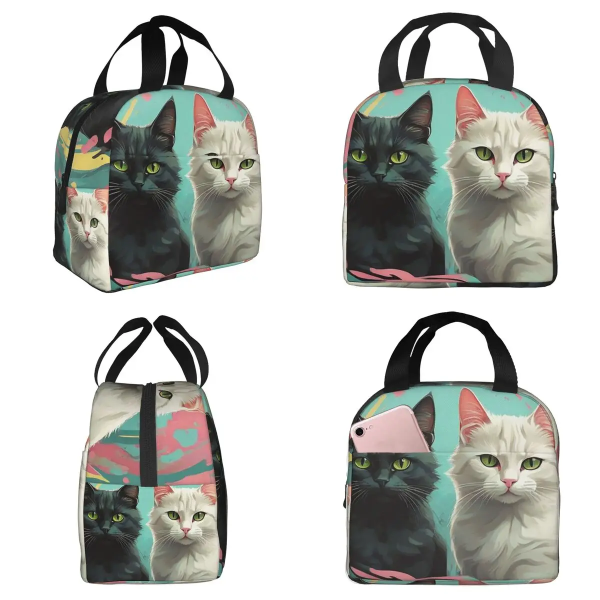 Cartoon Black White Cat Print Insulated Lunch Bag for Kids School Cooler Thermal Food Box Tote Portable Lunch Boxes Container