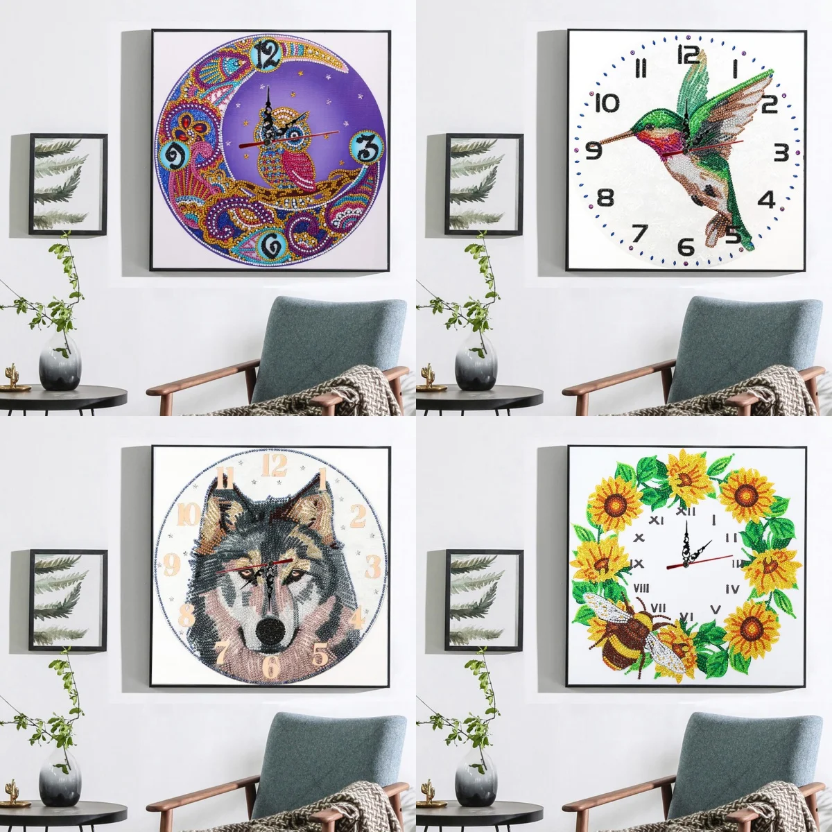 Image of 1 DIY 35cmX35cm Tiermuster Diamant-Malerei Uhr-Set, Rahmenlose Leinwand und Sportliche Wanddekoration