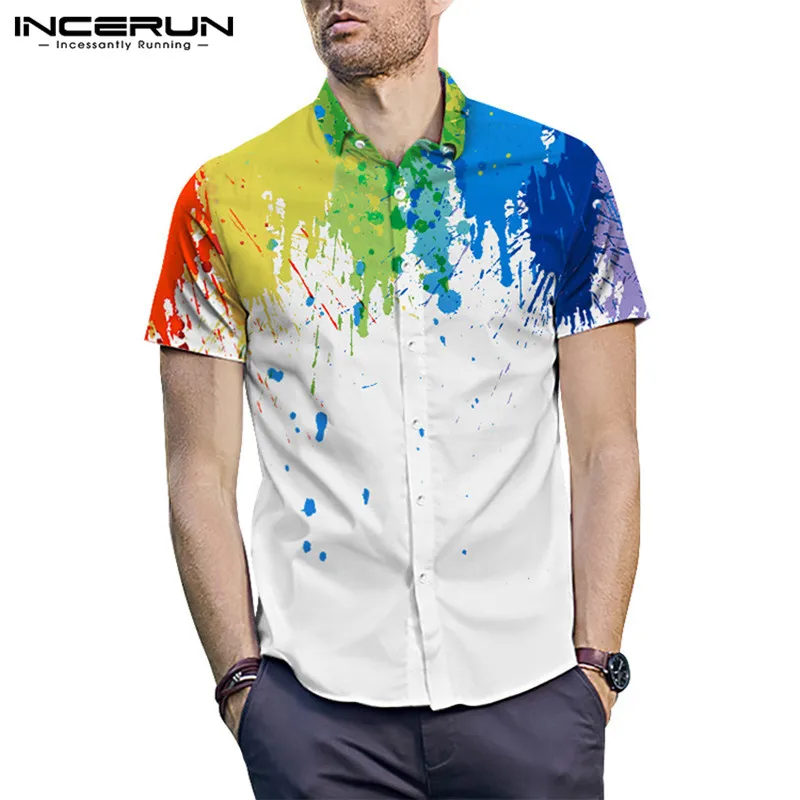 

INCERUN Tops 2023 Men's Shirts Splashed Ink Print Button Lapel Short Sleeve Blouse Breathabel Casual Men Streetwear Blouse S-5XL