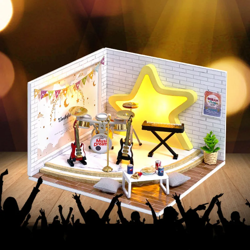 Mini Dollhouse Wth Cover Led Light Miniatures Diy Model Doll House Miniatura Home Children Toys For Kits Birthday  Gifts