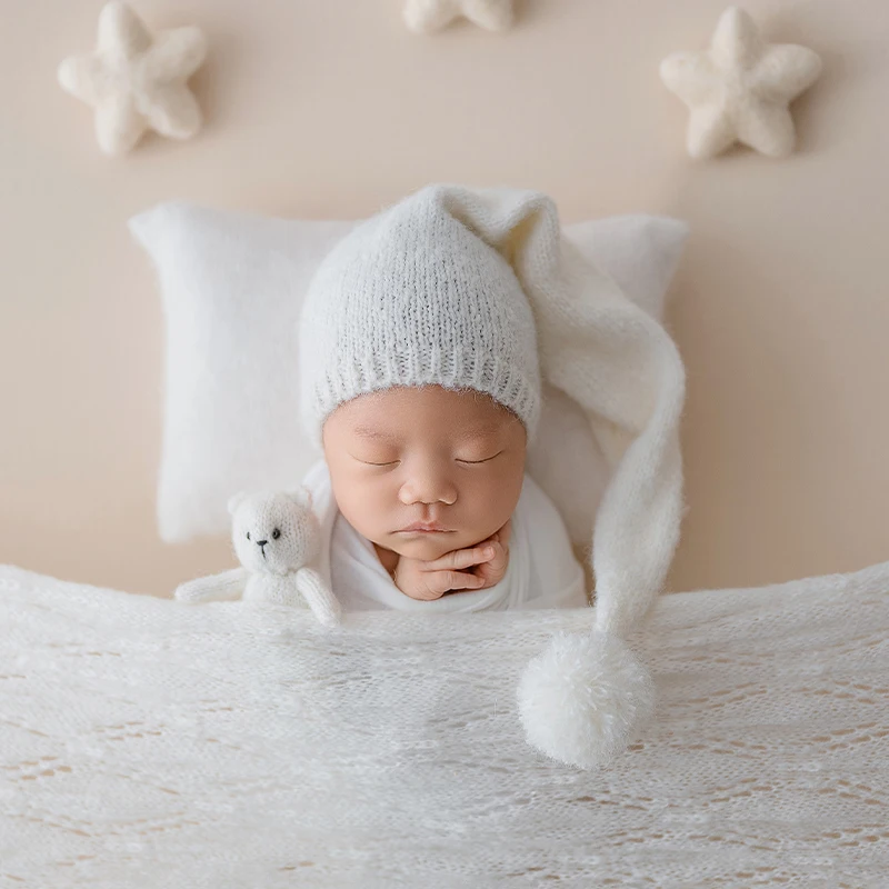 Cappello Ultra Morbido con Pompon per Fotografia Neonati 0-1 Mese, Accessorio Elastico con Orecchie da Coniglio/Orso per Servizi Fotografici