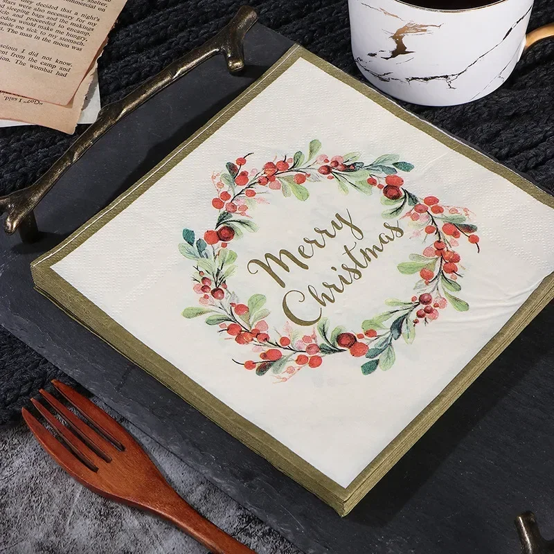 10/20pcs 33*33cm 2-Ply Christmas decorative paper “merry christmas” letters wreaths party paper placemats wholesale Cheap