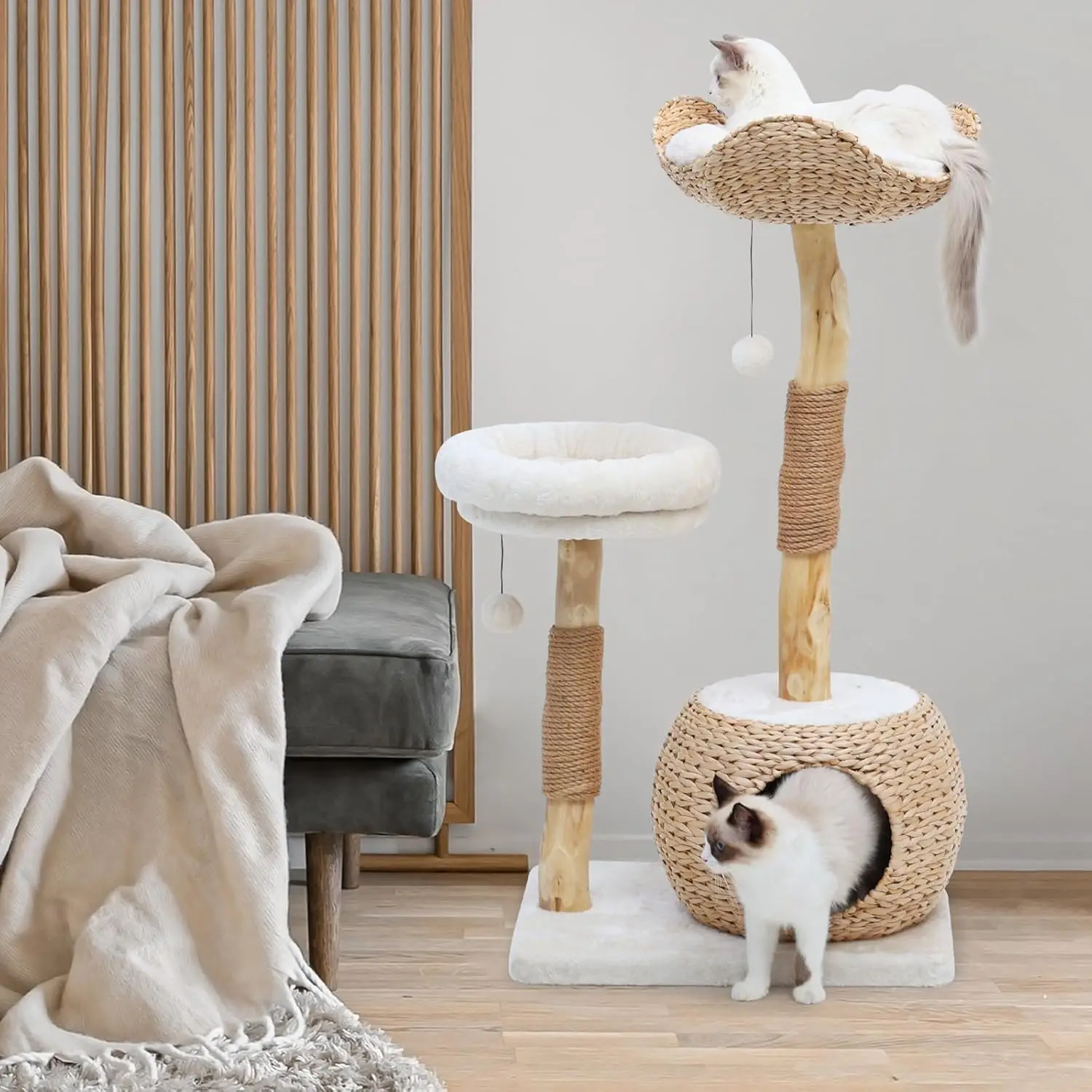 

Modern Tree Tower for Indoor Cats, Real Branch Luxury Condo with Scratching Post, Jumping Platforms, Cat Furniture,