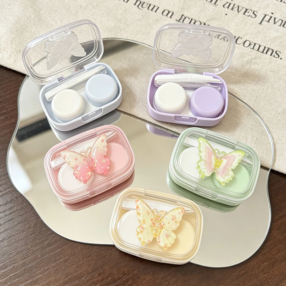 Boîte de rangement portable pour lentilles de contact papillon colorées, étui de voyage pour maquillage et beauté, avec pince et applicateur
