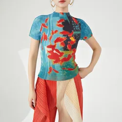 빈티지 피쉬 프린트 아메리칸 폴드 티셔츠 여름 Camisetas 불규칙한 슬림 허리 탑 터틀넥 Y2k 여성 티셔츠