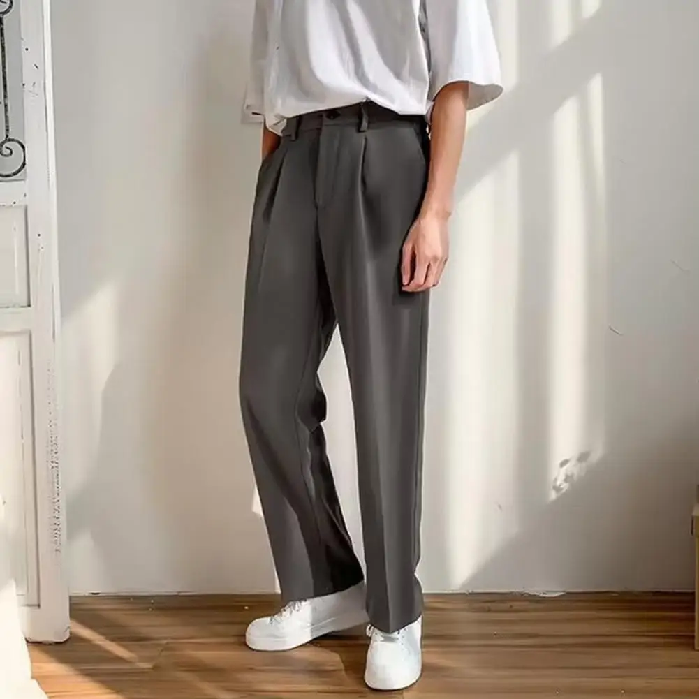 

Solid Color Casual Pants Elegant Men's Wide Leg Suit Pants with Side Pockets Formal Business Style Trousers with Elastic