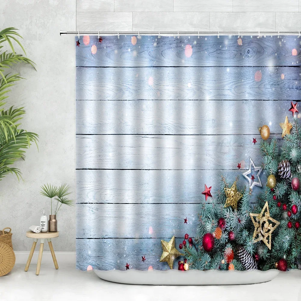 Christmas Shower Curtain Fabric Pine Branch Xmas Ball Pentagram on Blue Wooden Board Farm Farmhouse Decor Bathroom Accessory Set