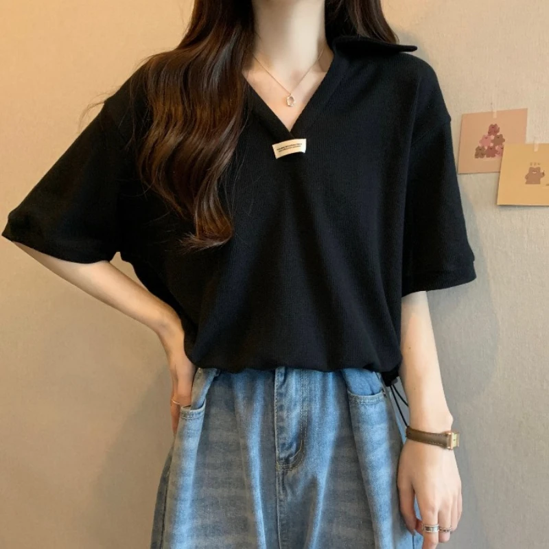 POLO Collar Drawstring Cotton Short-sleeved T-shirt Women's Summer Tide Loose Thin Leisure Small Short V-neck Half-sleeves