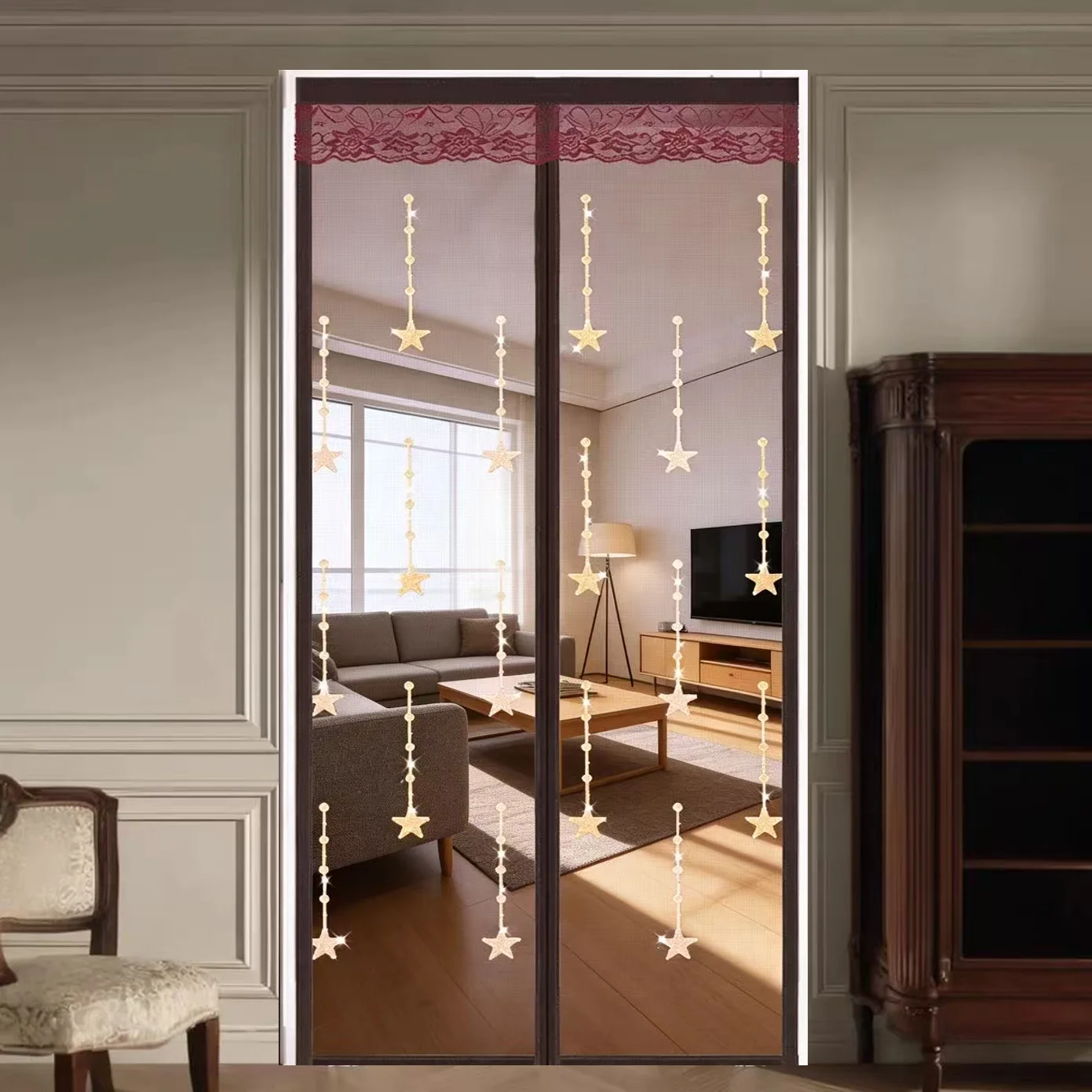 Embroidered Star Pattern Coffee Brown Magnetic Screen Door - Summer Mosquito-Proof Breathable No-Drill Mesh Door Curtain for Hom