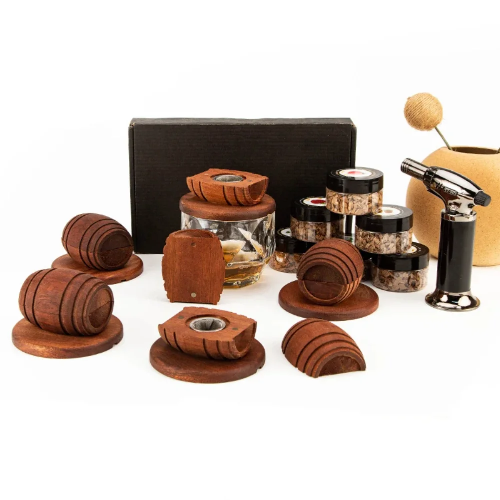 Juego de ahumador de barril de cóctel, ahumador con capucha de madera con 4 astillas de madera de sabor, trajes multiestilo para whisky, Bar, ahumador de bebidas antiguo