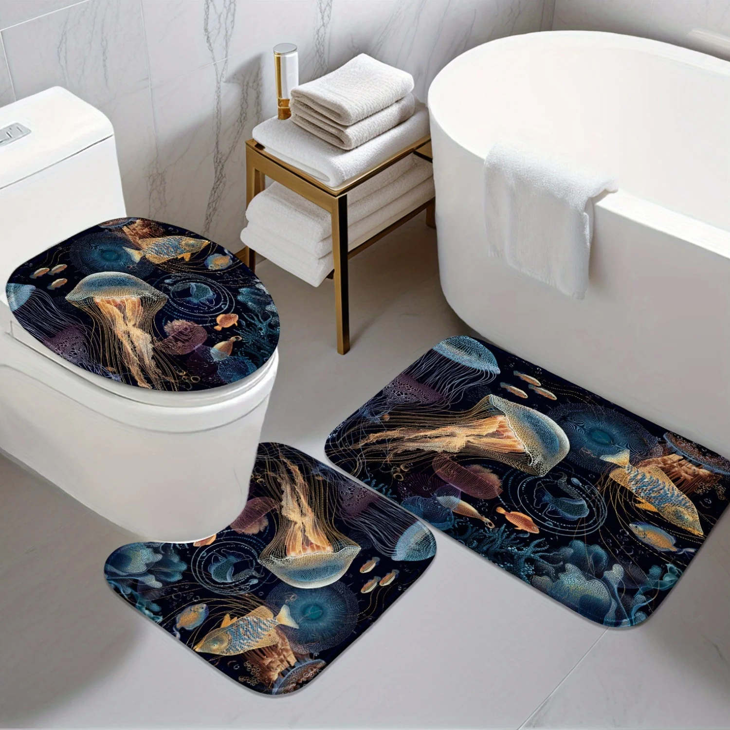 

Bathroom Anti-slip Mat -3pcs Set - Dreamy Deep Sea Jellyfish And Fish 2D Flat Design Pattern - Digital Printing - Including Anti