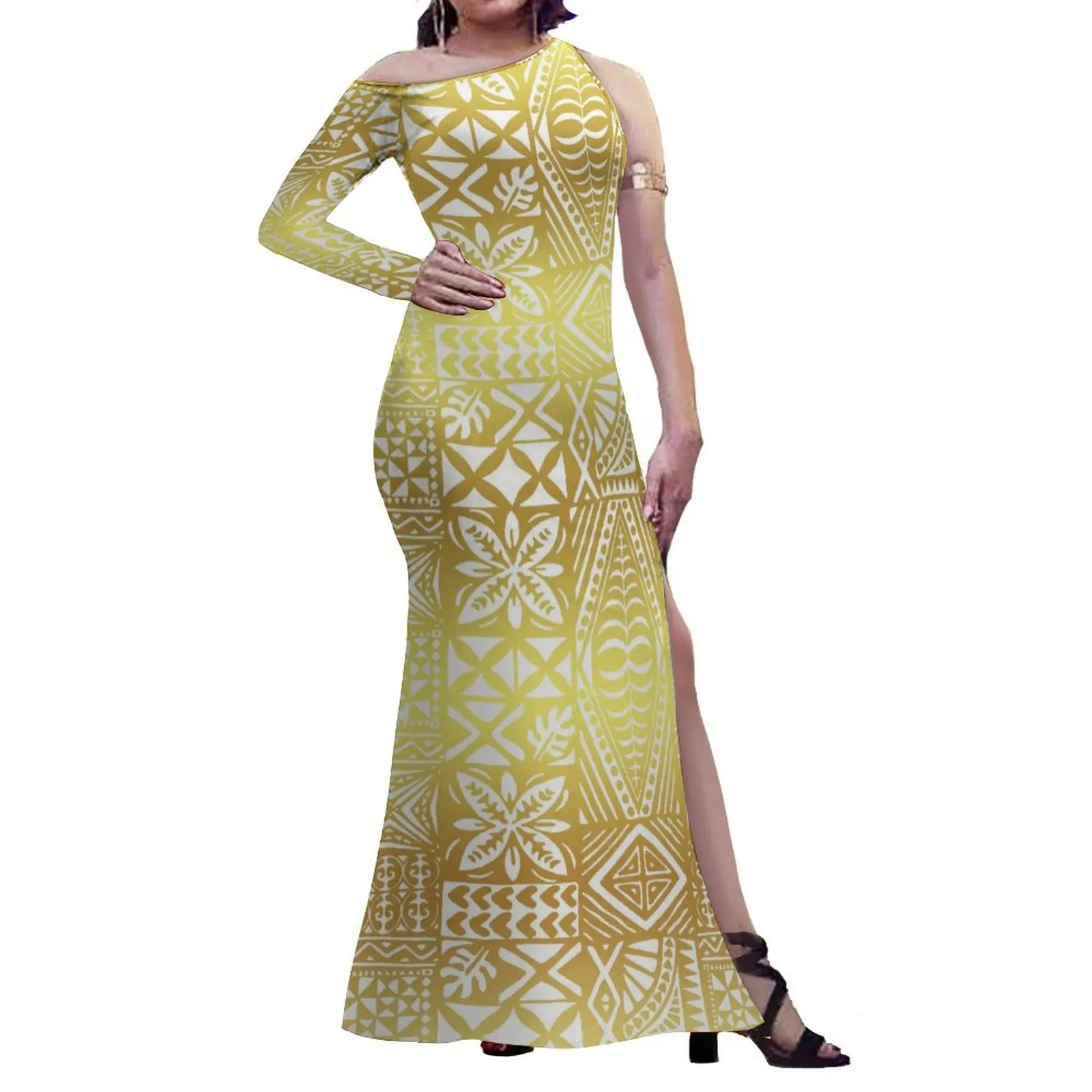 2024 New Samoa Feature Fashion Women'S Polynesian Dress Women'S One-Shoulder Long Sleeve Slit Long Dress Fiji Tribe Custom