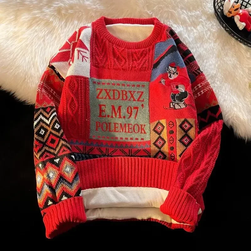 خمر النمط الأمريكي جولة الرقبة فضفاضة تناسب سترة عارضة عيد الميلاد الزخرفية سترة اليابانية العصرية الخريف/الشتاء لباس خارجي