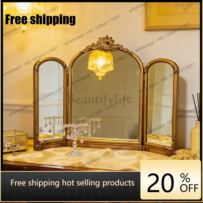 YJ French Vintage Tri Fold Desktop Vanity Mirror European Foldable 3 Panel Makeup Mirror For Bathroom Dressing Table
