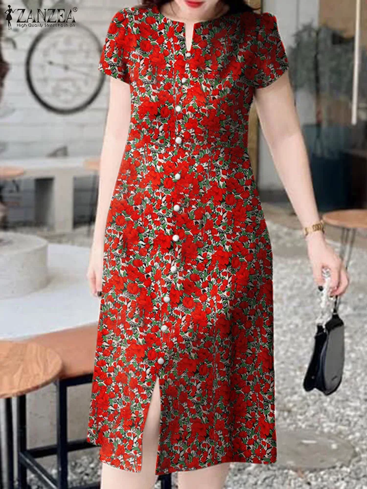 

2024 Summer Single Breast Robe ZANZEA Women Floral Print Sundress Korean Short Sleeve Midi Dress Elegant Slit Fornt Chic Dresses