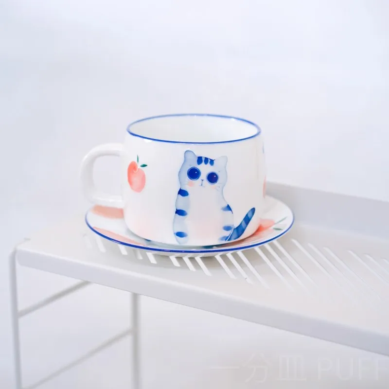 

Original Design Hand-painted Underglaze Color Cat Mug Cute Pot Belly Milk Cup Saucer