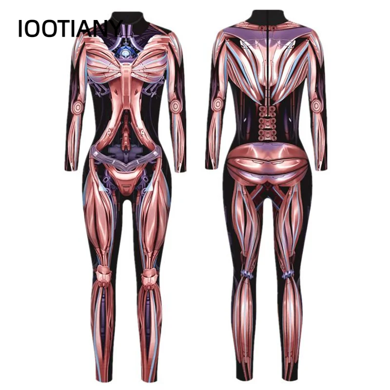 IOOTIANY New Robot Armor 3D Digital Print Muscle Bones Tights Zentai Women's Halloween Party Cosplay Sexy Bodysuit 2024