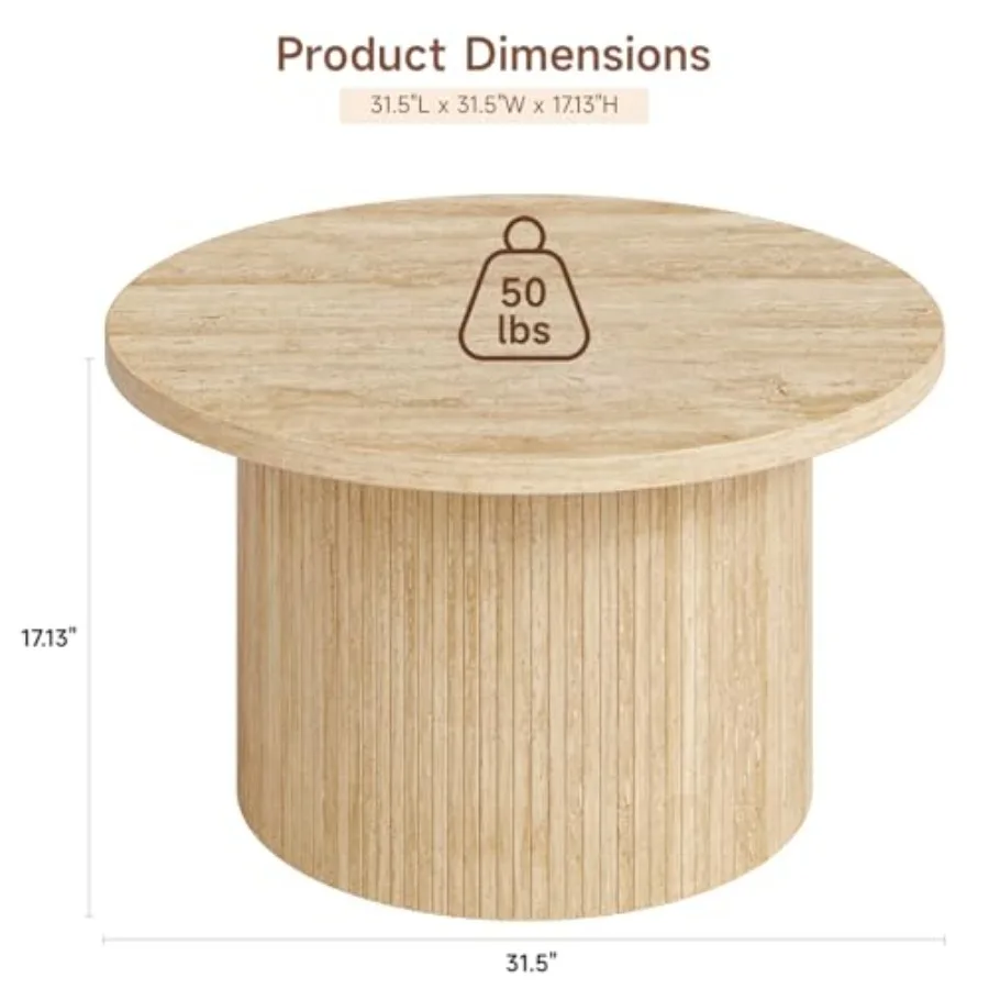 31.5 Round Coffee Table for Living Room, Solid Wood Tambour Design, Natural Walnut Finish, Space-Saving Rotating Storage