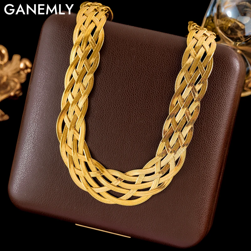 GANEMLY 316L Stainless Steel Gold Color Woven Chain Chokers Necklace For Women Fashion Neck Chain Collar Waterproof Jewelry Gift