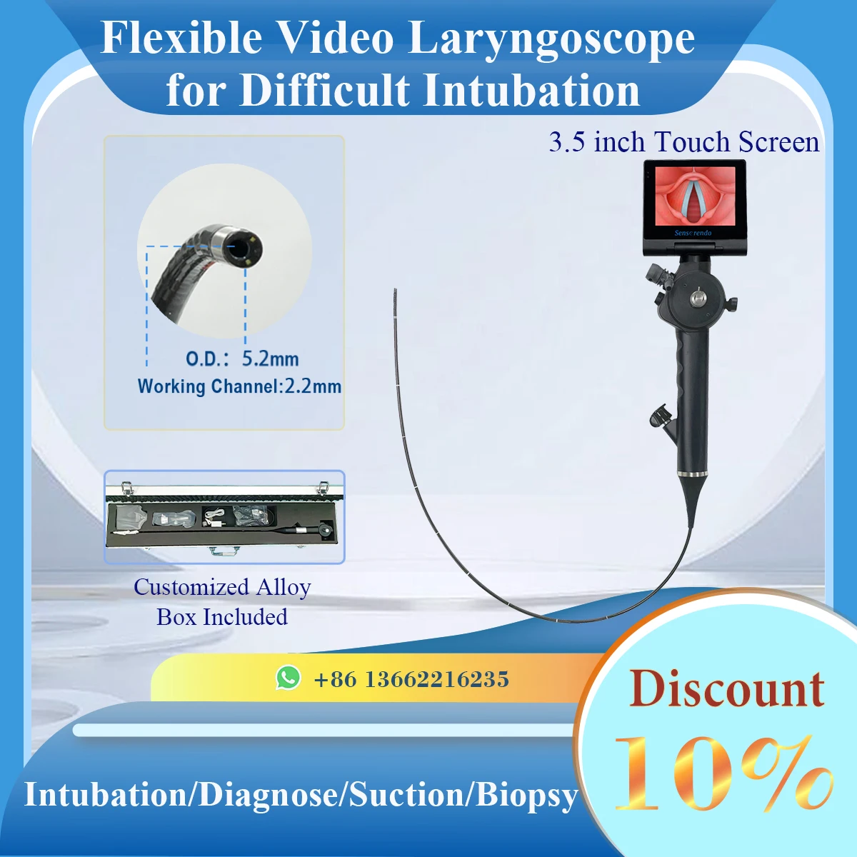 

Sensorendo 5.2/2.2mm 60cm Length Flexible Video Laryngoscope with 3.5 Inch Touchscreen Display for Difficult Intubation