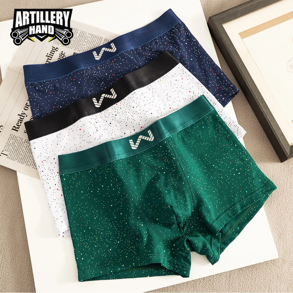 3 unids/pack 100% de algodón transpirable para Hombre, calzoncillos con entrepierna en U grande, estampado de cielo estrellado a la moda, Boxers de cintura alta elástica para Hombre