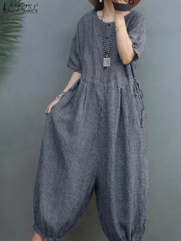 ZANZEA Summer Jumpsuits Casual Holiday Overalls Vintage Plaid Checked Wide Leg Rompers Women Fashion Half Sleeve Loose Playsuits