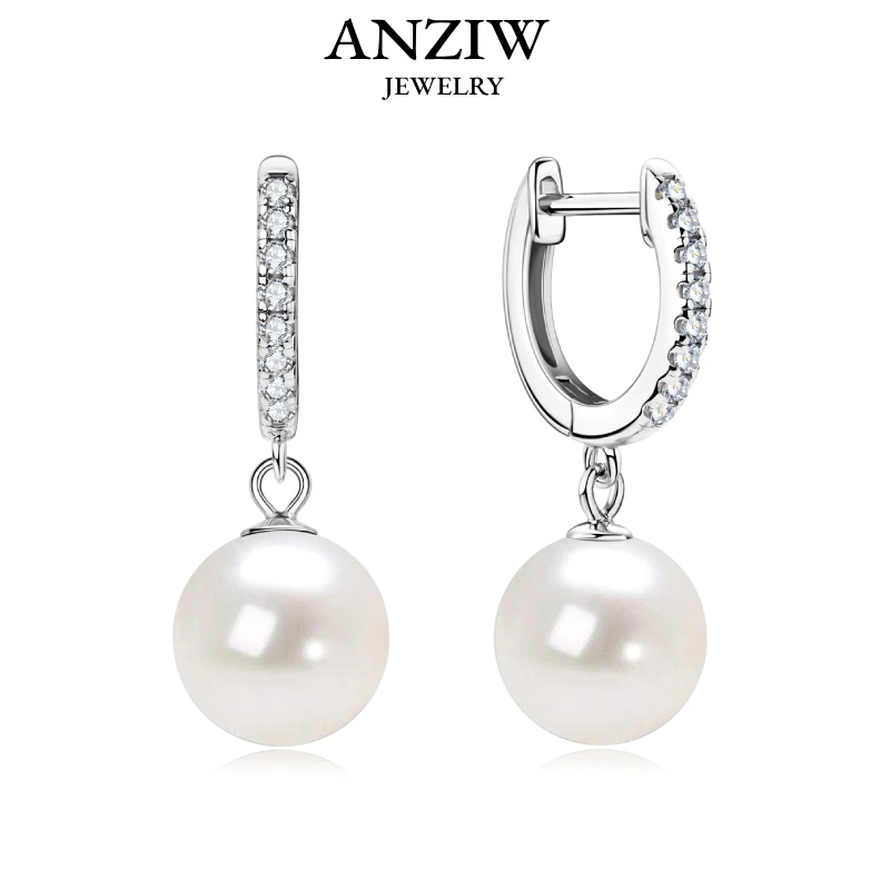 

Anziw Genuine 925 Sterling Silver Moissanite Hoop Earrings 9-10mm Freshwater Pearl Drop Earring Wedding Jewelry for Women Gifts