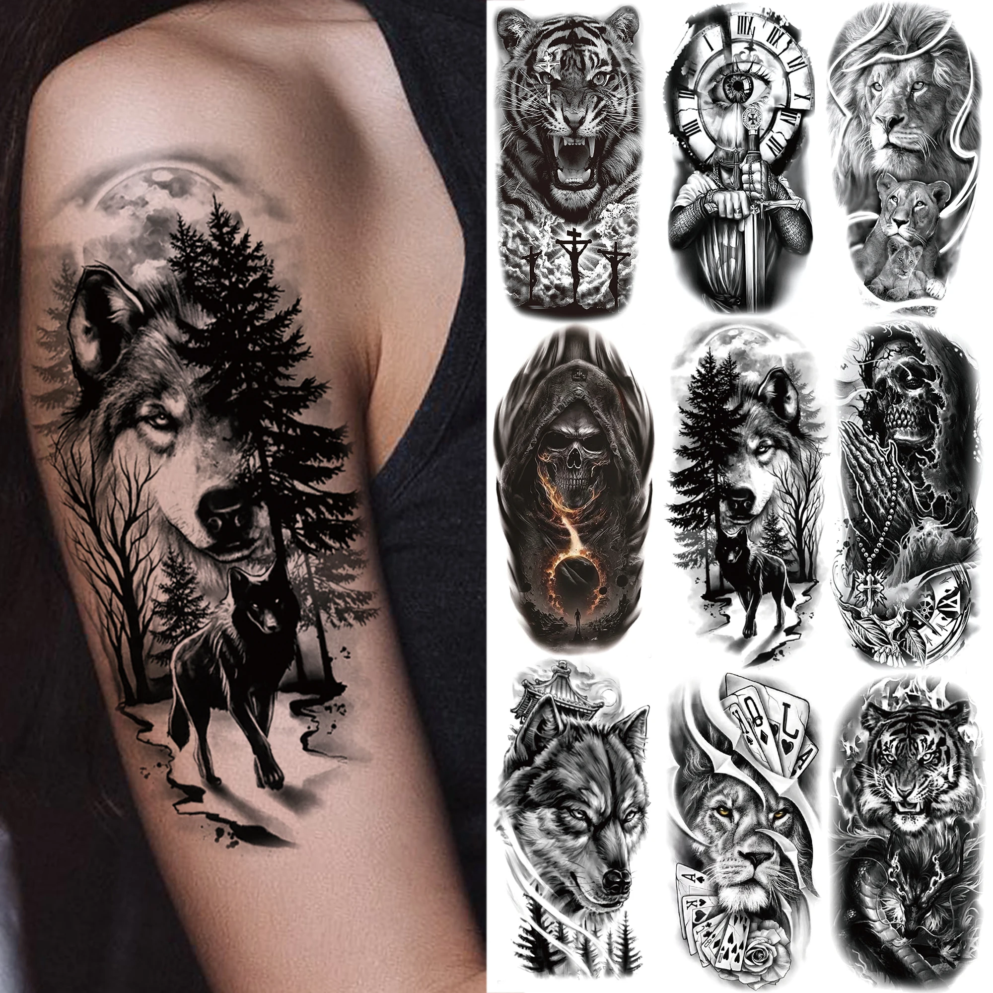 

1 Sheet Wolf Lion Tiger Fake Temporary Tattoos For Man Women Adults Skull Black Warrior Tattoo Sticker Animals Sleeve