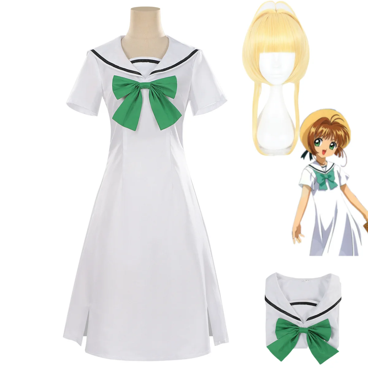 

Anime Cardcaptor Sakura Kinomoto Sakura Cosplay Costume Summer White Short Sleeves Dress Wig Woman Sexy Leisure Daily Suit