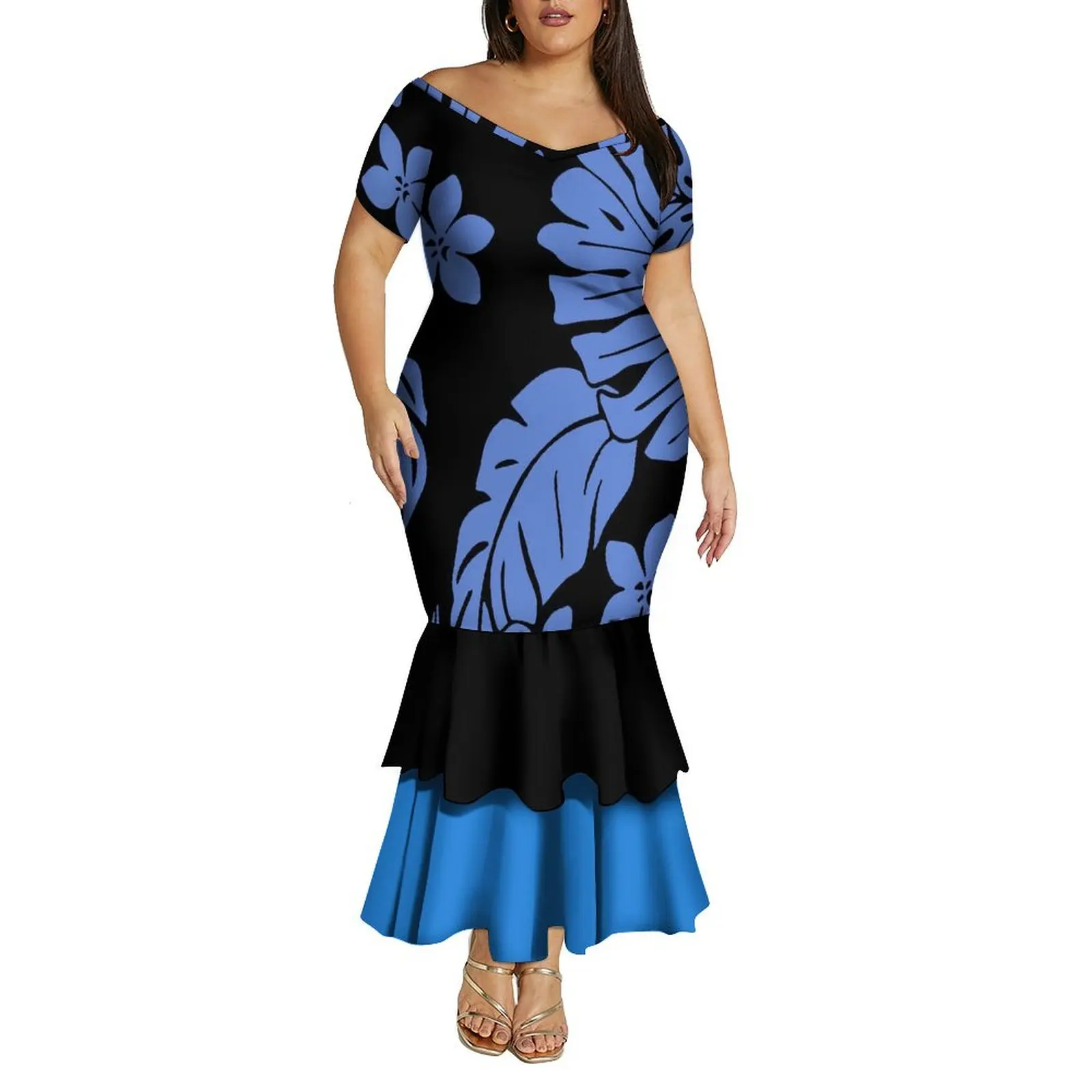 

Print on Demand Design Deep V Neck Short Sleeve Dress Custom Plus Size Lady Mermaid Fishtail Dress Samoan off the Shoulder Dress