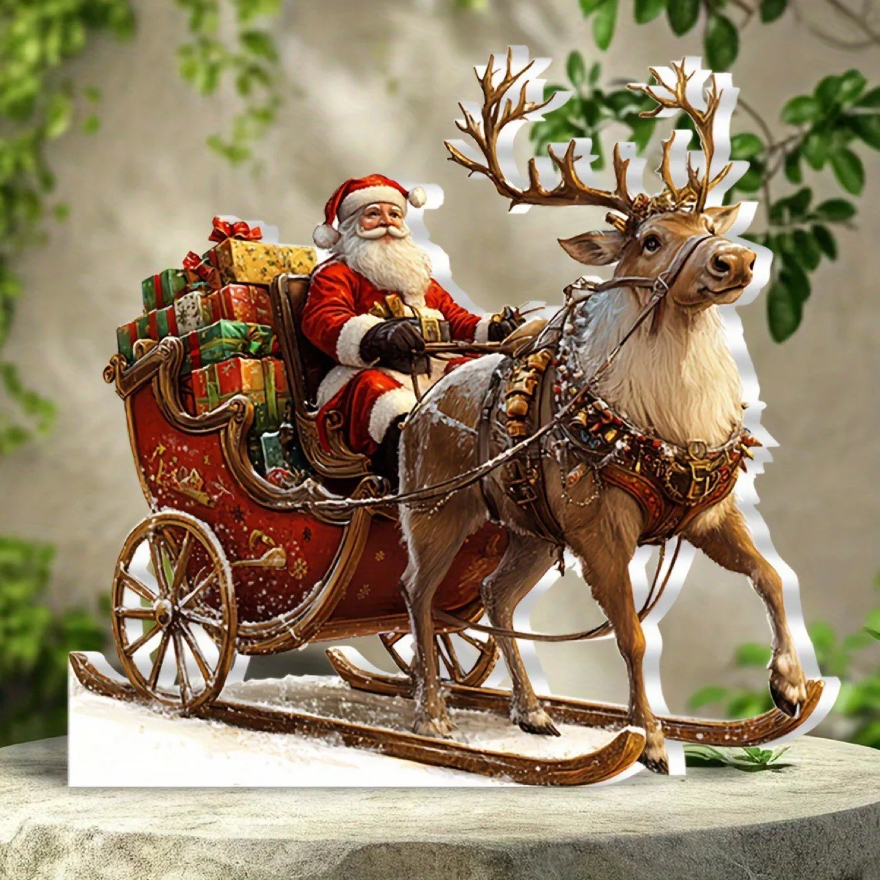 

2D Flat Acrylic Sleigh Santa Claus Reindeer Sled Tabletop Decoration with Base Christmas Ornaments Xmas Navidad Party Supplies