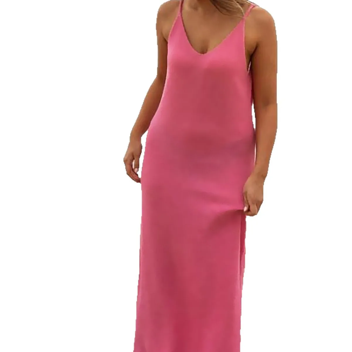 2025 Summer New Large Size Long Skirt Women's Pure Color Sexy Deep V Suspender Holiday Style Dress Pink