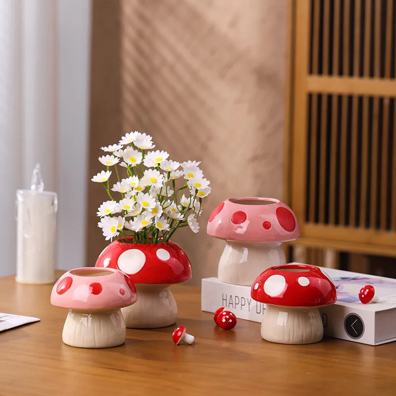 Creative Pink Mushroom Hydroponic Vase Ins Style Ceramic Flowerpot Decorations Makeup Brush Pen Storage Holder Desktop Ornament