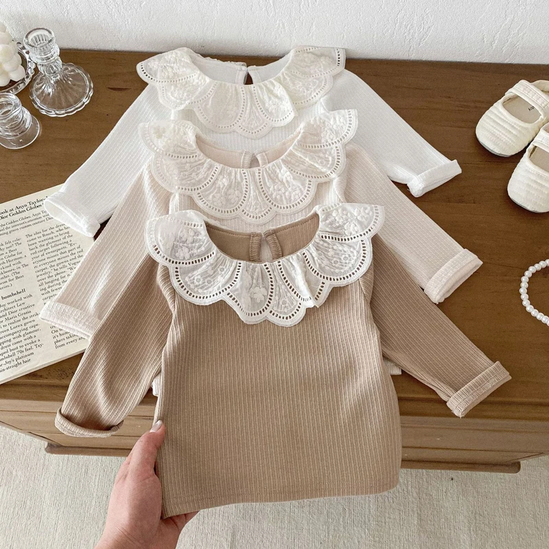 2024 Baby Autumn Clothes Lace Collar Baby Tops Long Sleeves Kids Pullover Infant T Shirt for Girls Clothing Toddler Blouse 0-2Y