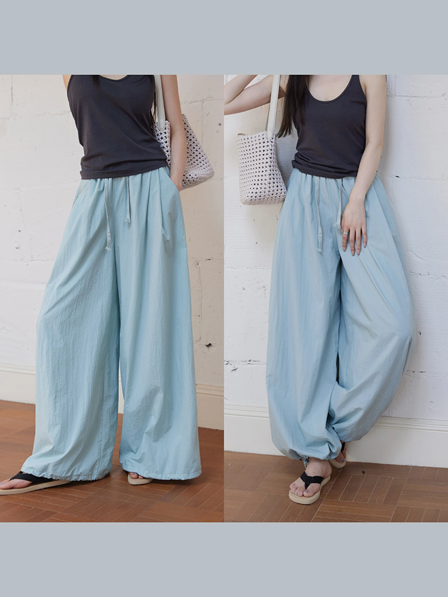 

Two-Way Wearable Parachute Pants Lightweight Qui-Drng Loose Lazy Concealment Elastic Waist Dstring Wide Leg Casual Pants
