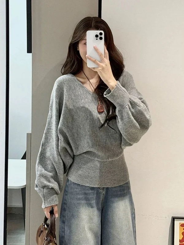 

Loose Long Sve V-Ne Knitwear Casual Sle Korean Lazy Faion Women's Top Comfortable Soft Fabric Binding Design ort L...