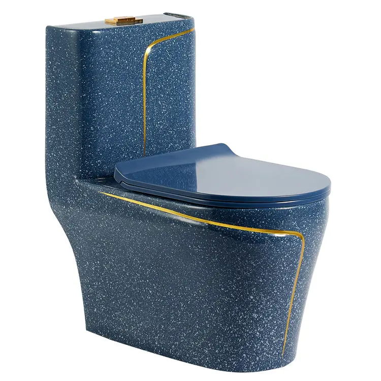 WC monobloc chinois bleu avec taches blanches et ligne dorée, à siphon et à chasse directe, vente en gros
