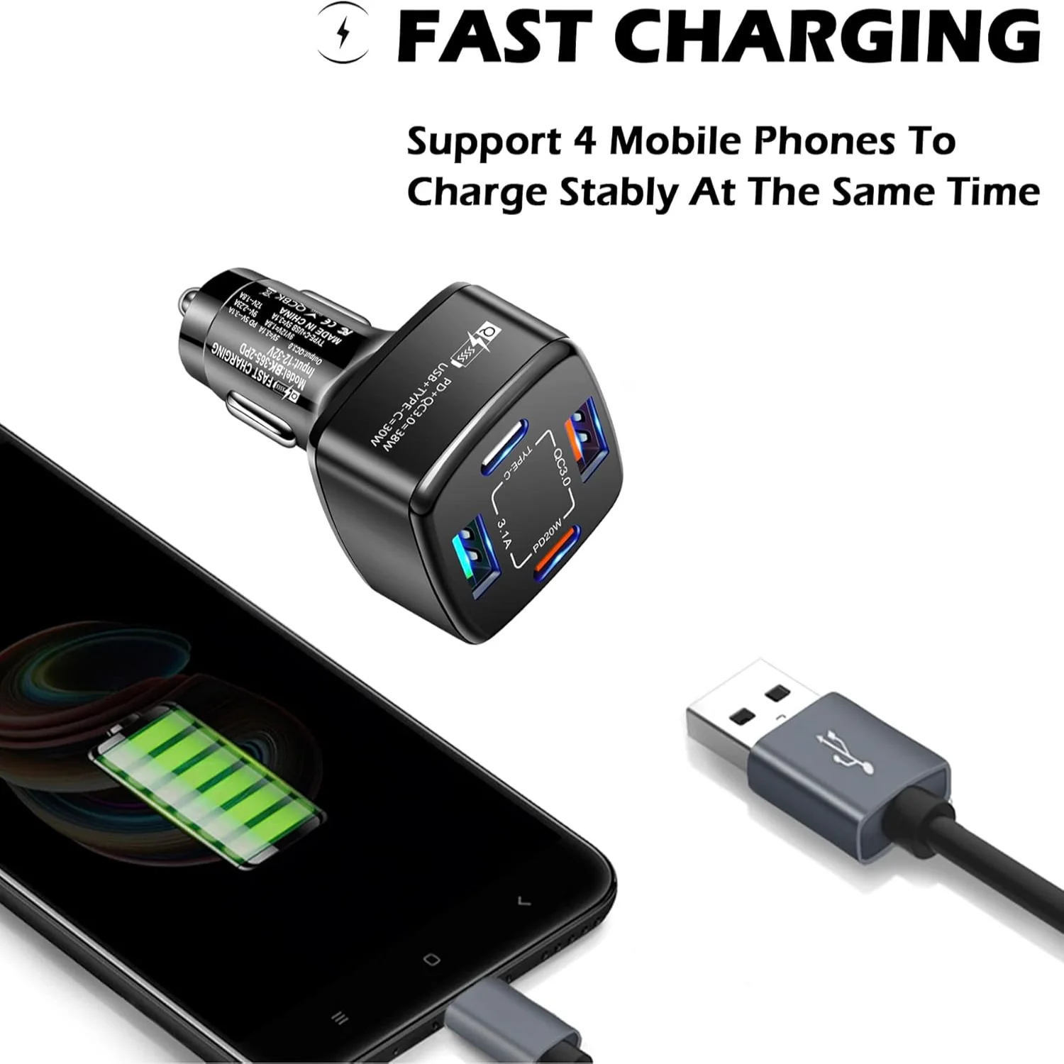 Car Charger , Car Interior Accessories，4 Port Car Charger 38W PD &QC3.0 &USB- +Type-C 30W Fast Charging Car Charger Suitable f