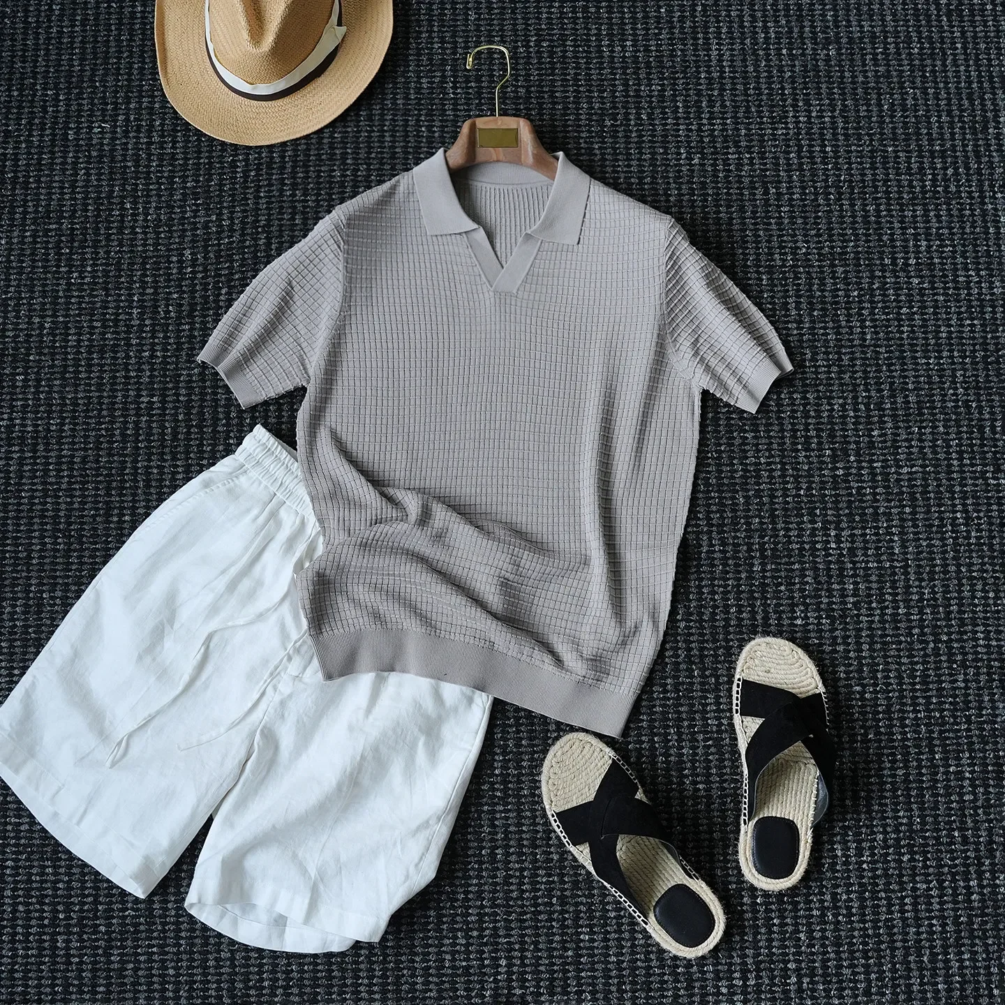 Summer mulberry silk blended corn grid seagull neck knitted sweater men's casual yuppie high-end polo shirt