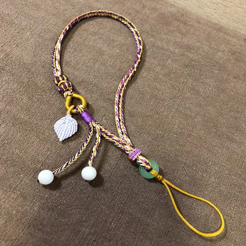 Handwoven Chinese Style Thousand Miles Landscape Phone Case Lanyard with Wearable Wrist Strap Creative Leaf Design Keychain Gift