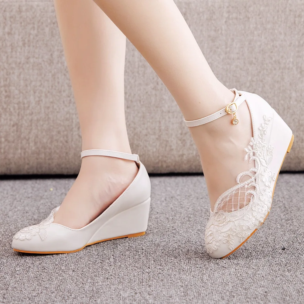 

Women Wedges Platform 5CM High Heels Ankle Strap Ladies Pumps Bride Party Dance White Lace Wedding Shoes