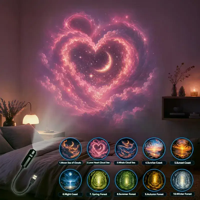 USB Healing Landscape Projector Light 10 Patterns Flexible Rotation Moon Cloud Sea Forest Coast Projection Lamp For Bedroom