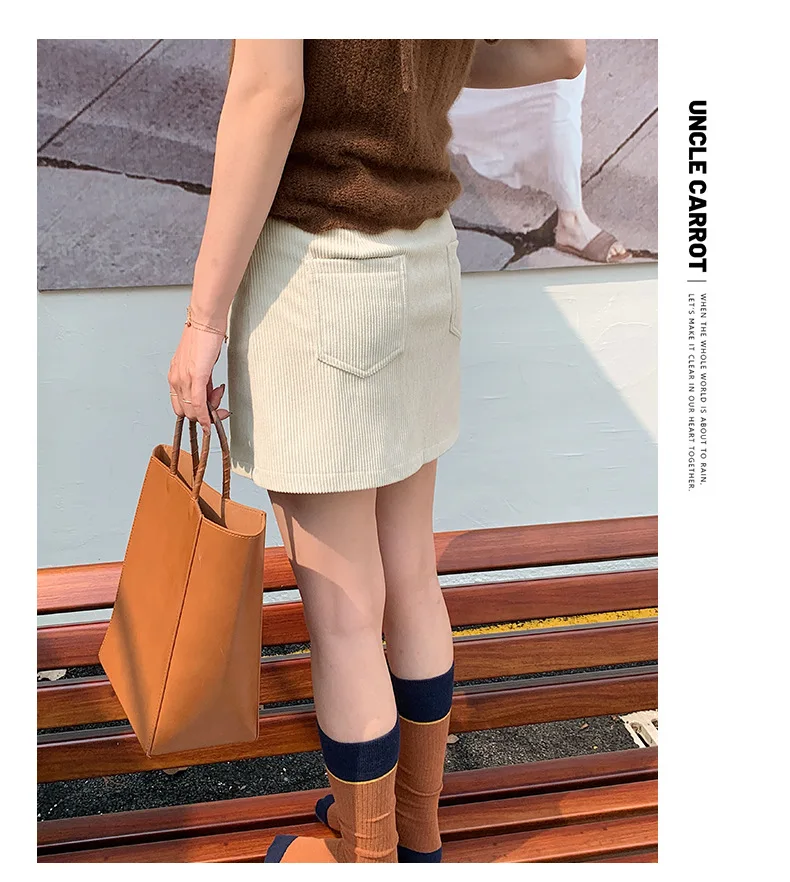 Women's High-Waist A-Line Short Skirt Spring Autumn Retro Brown Corduroy Skirts Woman Solid Color Straight Leg Pencil Skirt Mini