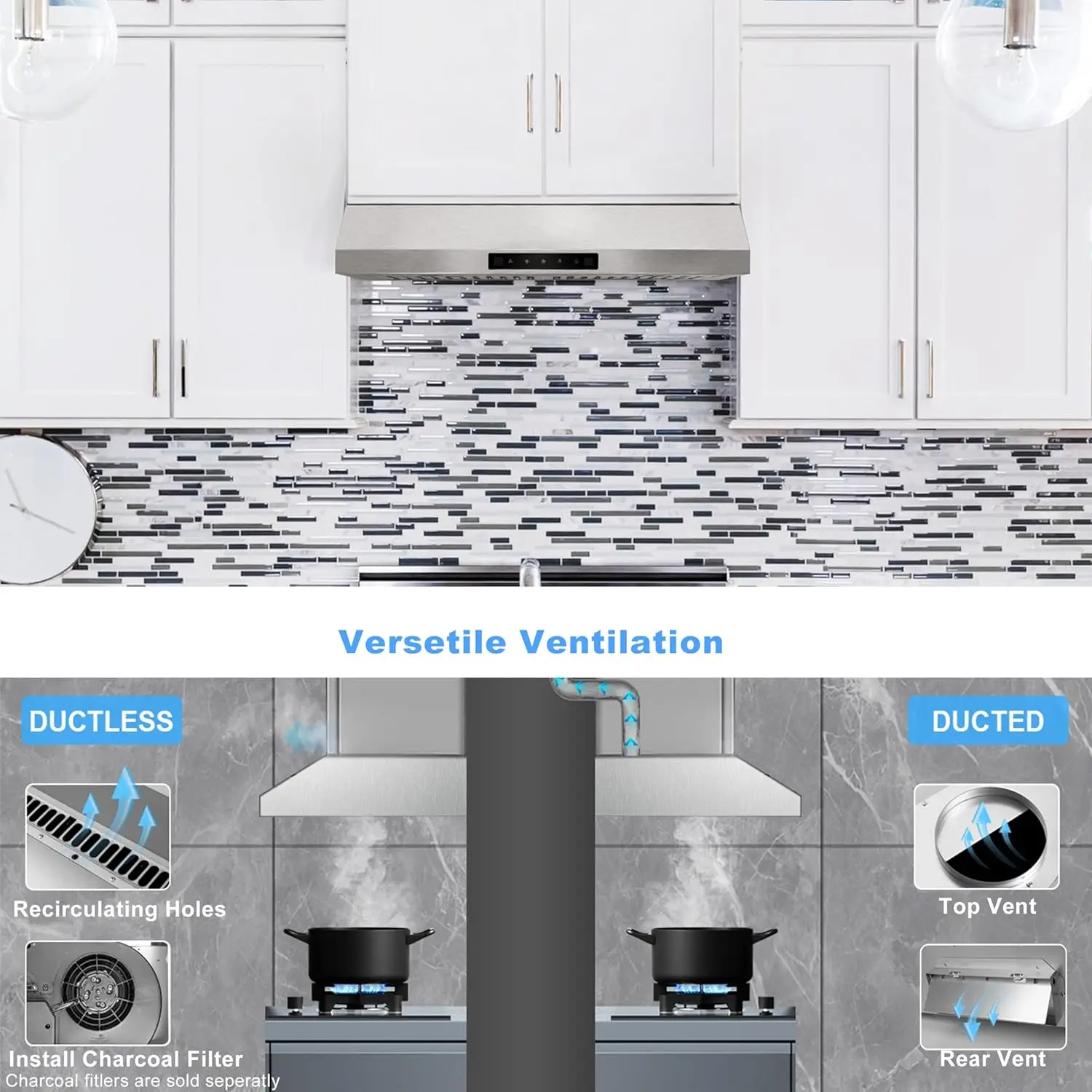 เครื่องดูดควันใต้ตู้ขนาด 30 นิ้วพร้อม 600CFM เครื่องดูดควันช่องระบายอากาศในครัวสําหรับช่องระบายอากาศแบบปรับได้