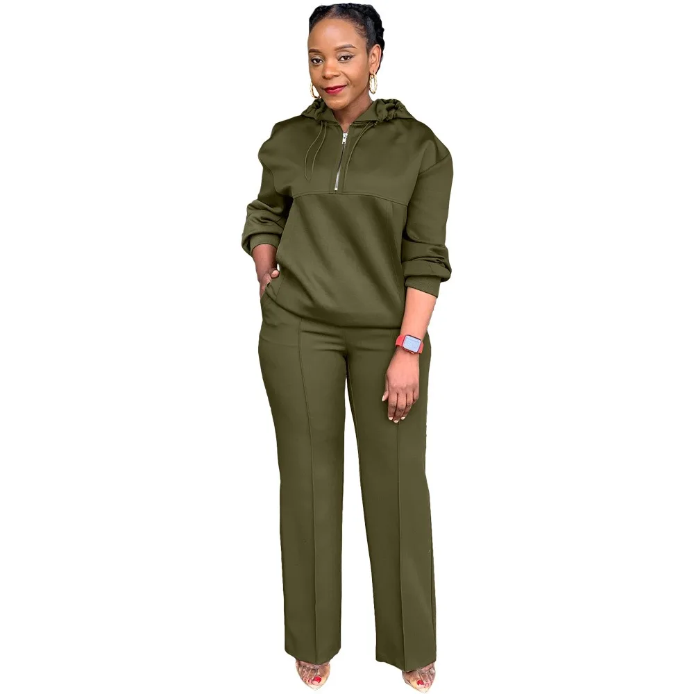 L-3XL 2024 African Fall Winter Plus Size Women Clothing Two Piece Sets Solid Color Long Sleeve Hoodies Top and Pant Outfits